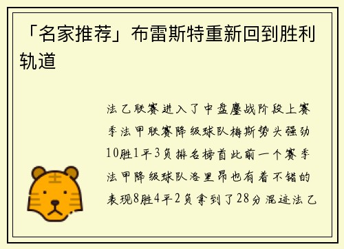 「名家推荐」布雷斯特重新回到胜利轨道