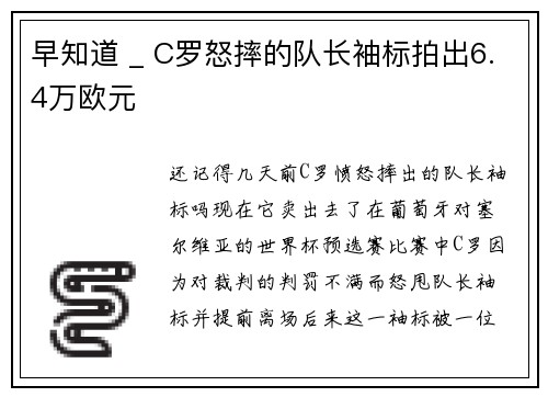 早知道 _ C罗怒摔的队长袖标拍出6.4万欧元