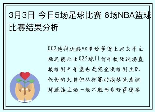 3月3日 今日5场足球比赛 6场NBA篮球比赛结果分析